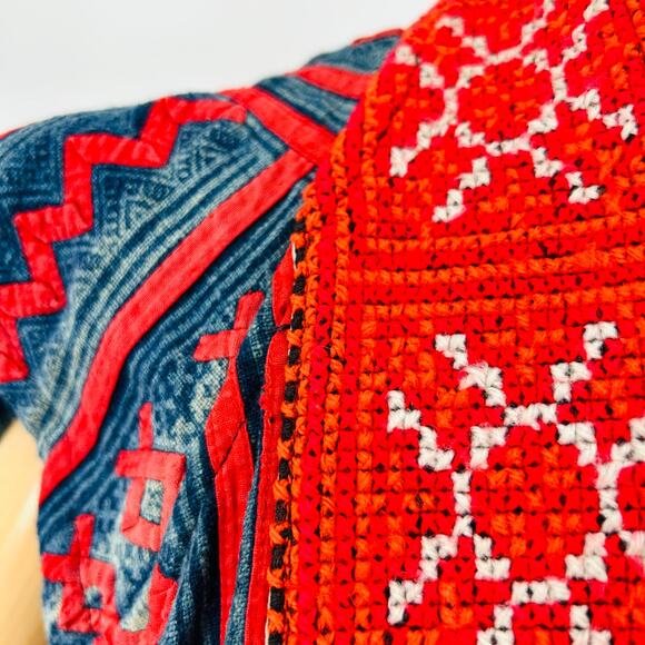 Vintage Hmong Indigo Blue Neon Red Embroidered Cotton Tribal Vest - Picture 3 of 9